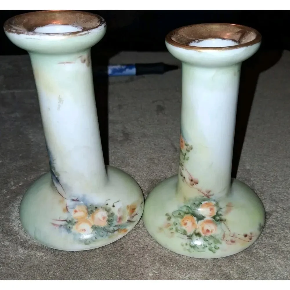 Antique Bernardaud Co Limoges France Hand Painted Candle Stick Holder flowers